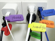 Labeled printer cable, phone charger, humidifier cable